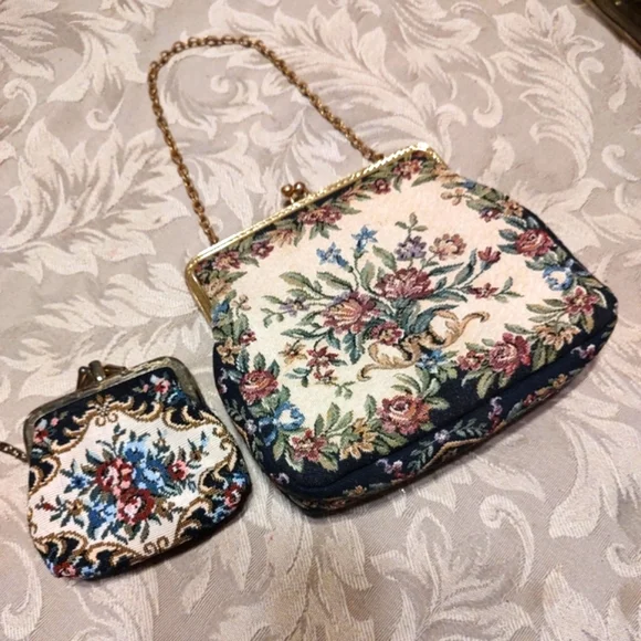 🌿🌹🌿 Lovely Vintage Petite Floral Tapestry Evening Bag Purse Handbag - Picture 2 of 13